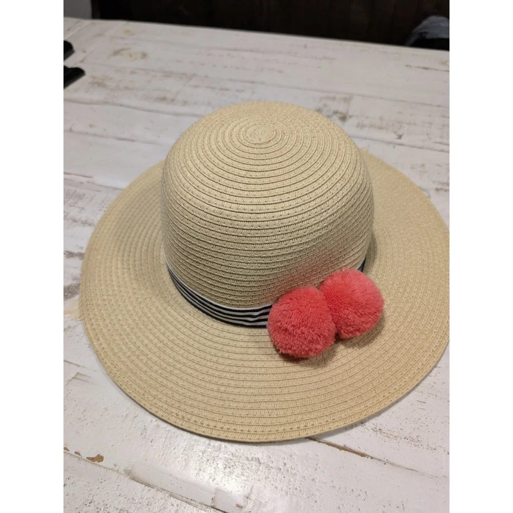 Talbots Women's Wide Brim Sun Hat Black White Pink Pom Pom Beach Summer Vacation